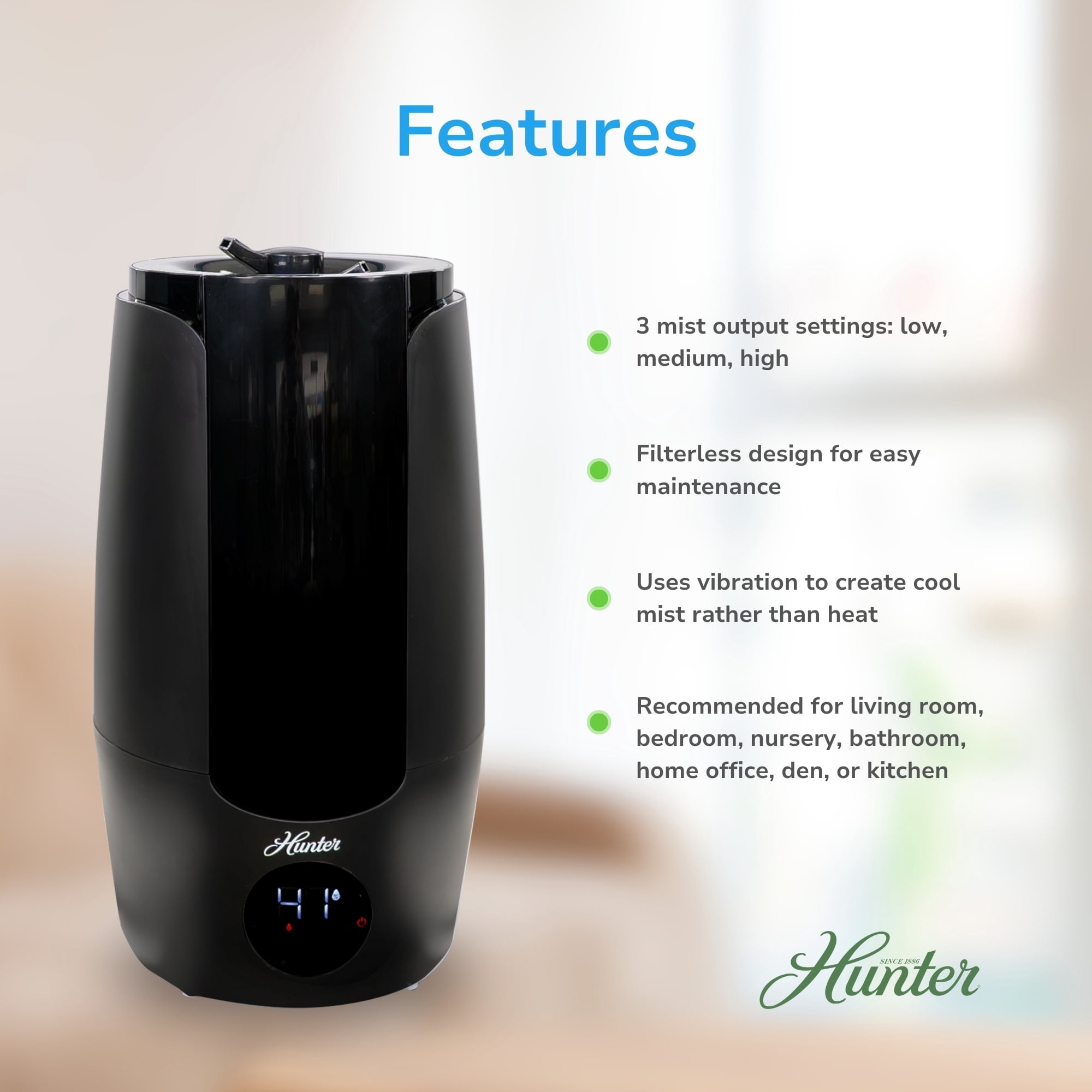 Hunter HHU400 Ultrasonic Humidifier - Vibration Technology Air Humidifier w/ Long Lasting Mist for Large Spaces - Hunter Humidifiers for Bedroom - Extension Wand & 360 Degree Nozzle, 2.19 Gal. Taupe
