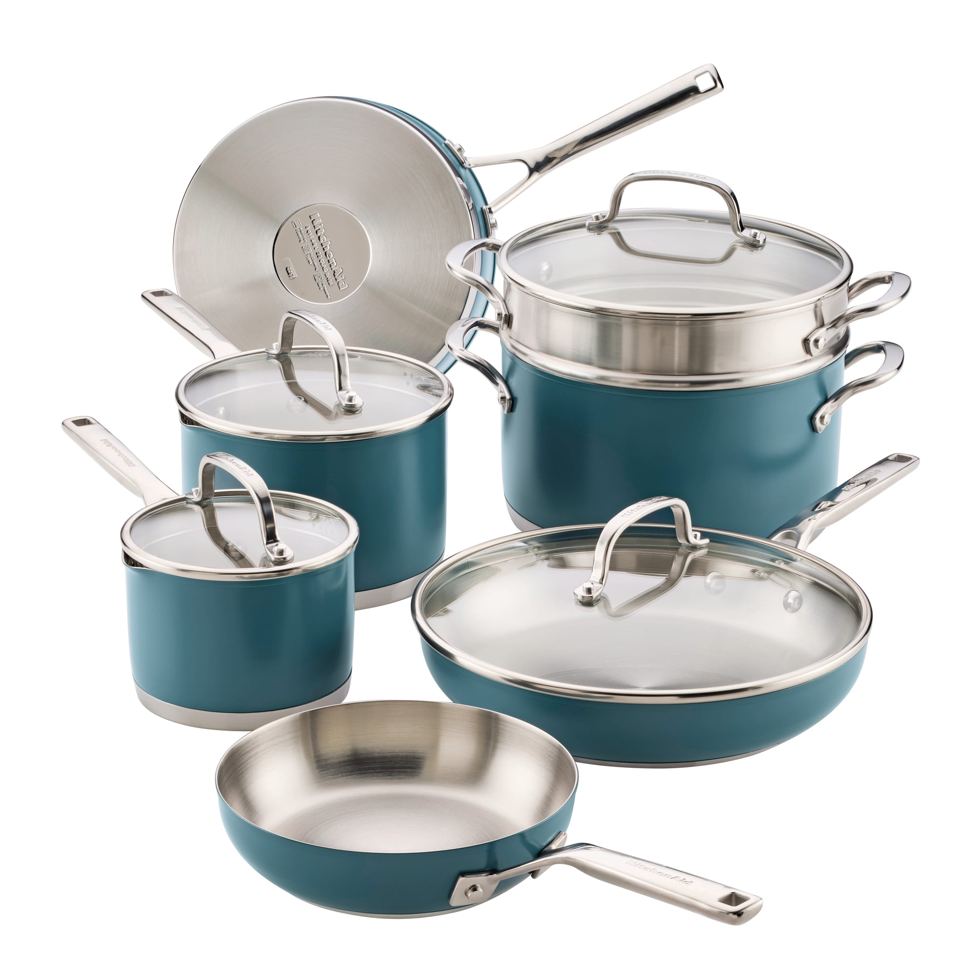 KitchenAid 11pc Color-Finished Stainless Steel 3-Ply Base Cookware Set Dishwasher and Metal Utensil Safe, Induction Suitable and Oven Safe to 500°F, Agave