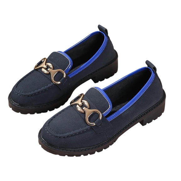 hoksml Women's Slip On Loafers Comfort Flat Heel PU Leather Casual Shoes Black Dark Blue