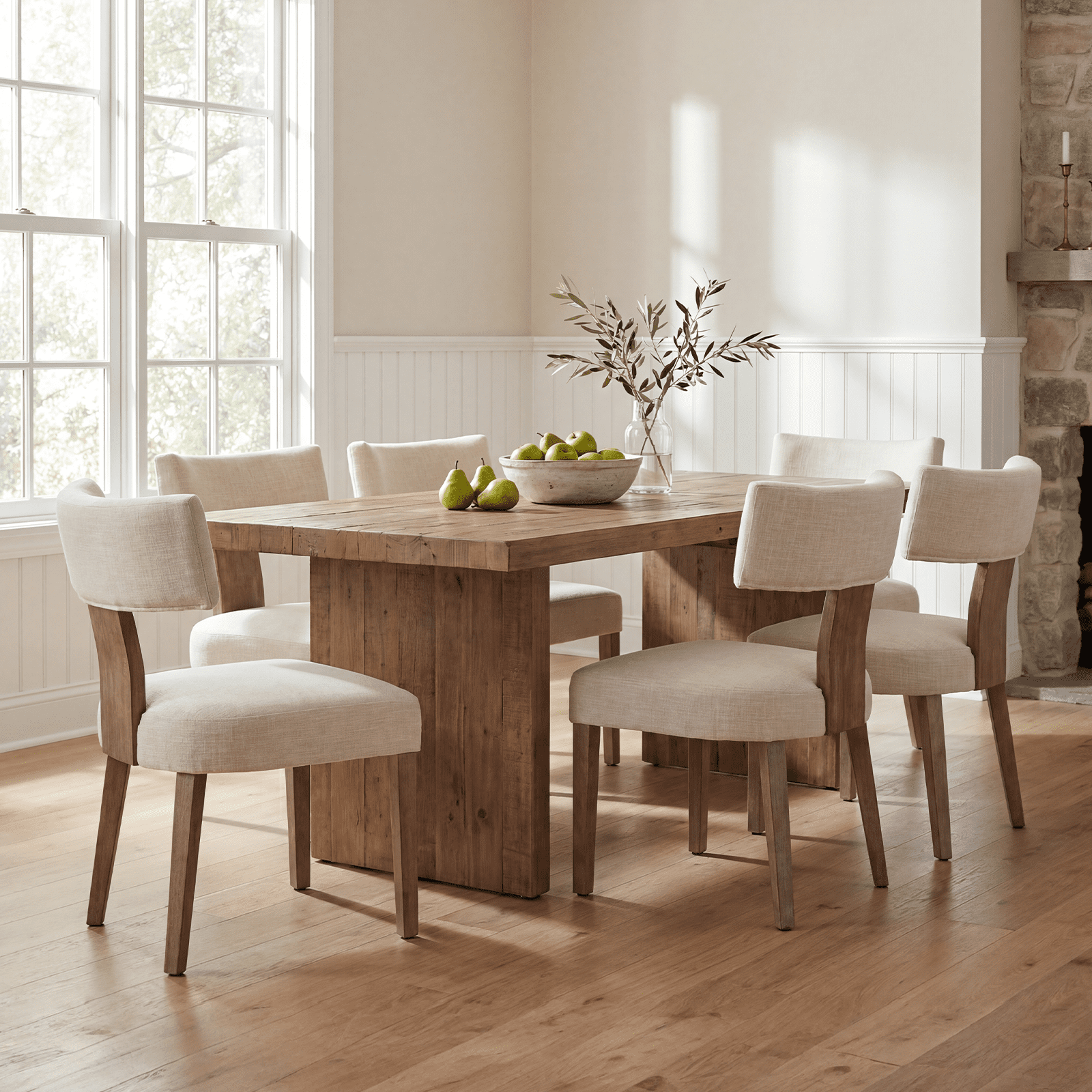 Guyou Dining Chairs Set of 4, Mid-Century Modern Linen Upholstered Kitchen Chairs with Curved Backrest, Wooden Side Chairs for Dining Kitchen Living Room Bedroom, Beige