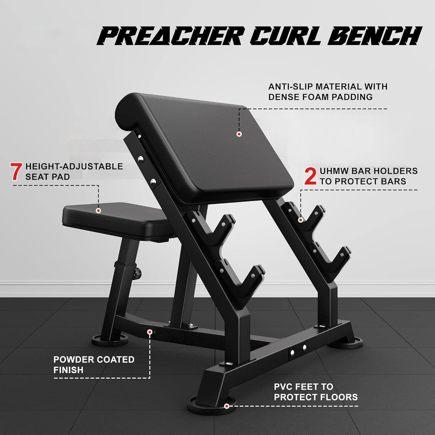 Preacher Curl Bench,Seated Arm Isolated Barbell Dumbbell Bicep Station for Arm Workout,Adjustable Bicep Curl Machine with 2 Bar Holders for Home Gym
