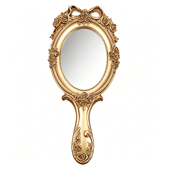 XIBUFE Vintage Hand Mirror for Women,Antique Gold Handheld Mirror with Embossed Flower,Elegant Plastic Vanity Travel Mirror,Portable Desk Carry Accessories for Face Makeup and Party Gifts