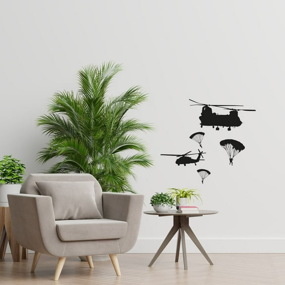 Helicopter Parachute Military Swat Team Army Men Soldier Wall Sticker Art Decal for Boys Girls Room Rooms Bedroom Playroom Kid House Home Decor Stickers Walls Art Vinyl Decoration Size (10x10 inch)
