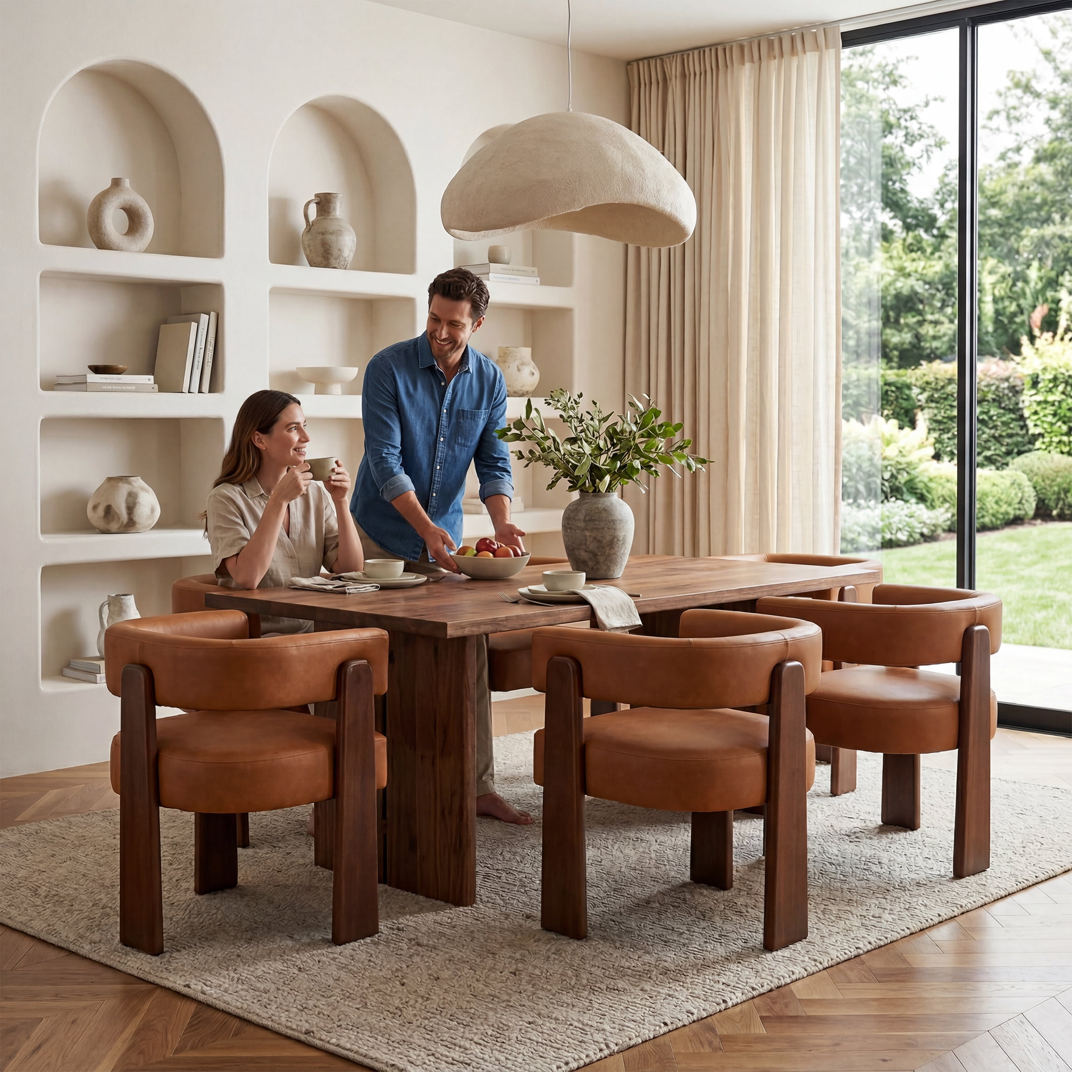 Guyou Barrel Dining Chairs Set of 6, Modern PU Upholstered Dining Room Chairs with Curved Back, Farmhouse Wooden Accent Side Armchairs for Dining Room, Living Room, and Kitchen, Brown