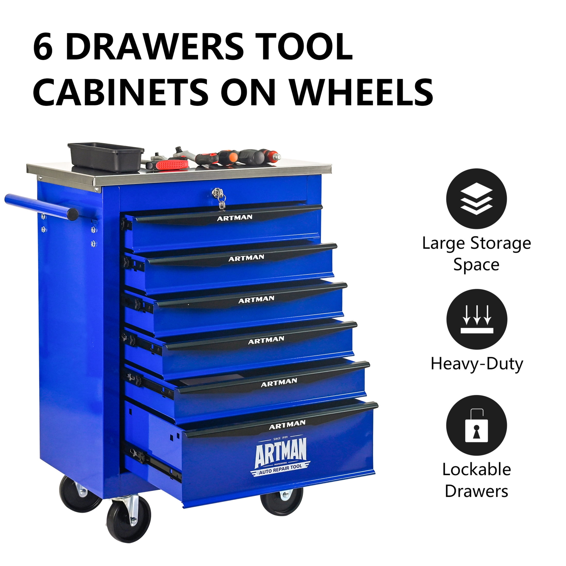 Noble House 6-Drawer Rolling Tool Organizer Cart, Steel Mobile Chest Storage with Worktop for Garage Workshop, Blue