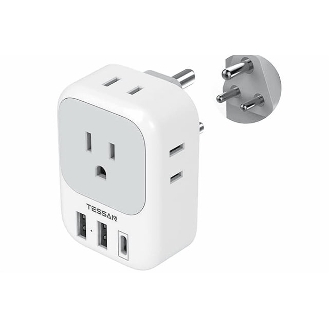 Adaptador India Viaje, Universal índico Enchufe de Corriente con 3 USB (1 USB C), Cargador Tipo C con 4 Salidas Xtellar blanco