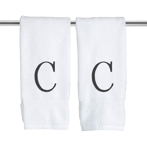 Black Initial Hand Towel for Bathroom - Monogrammed Luxury Hotel Quality Decorative Embroidered Towel for Powder Room, Spa - GOTS Organic Certified - Set of 2 Letter C