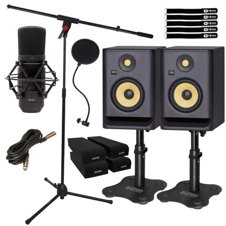 (2) KRK RP5 G4 5" Monitors with Mackie Microphone & Desktop Stands