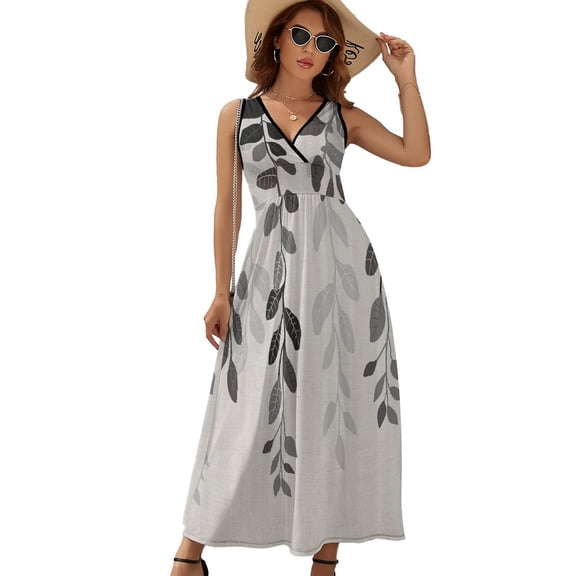 Grey Country Rustic Leaves Plant Womens Night Club Maxi Dress V Neck Sleeveless Bohemia Long Dresses