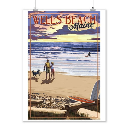 Surfer Girl Poster Wells Beach, Maine - Beach Scene & Surfers Walk at Sunset (9x12 Art Print, Wall Decor Travel Poster) ()
