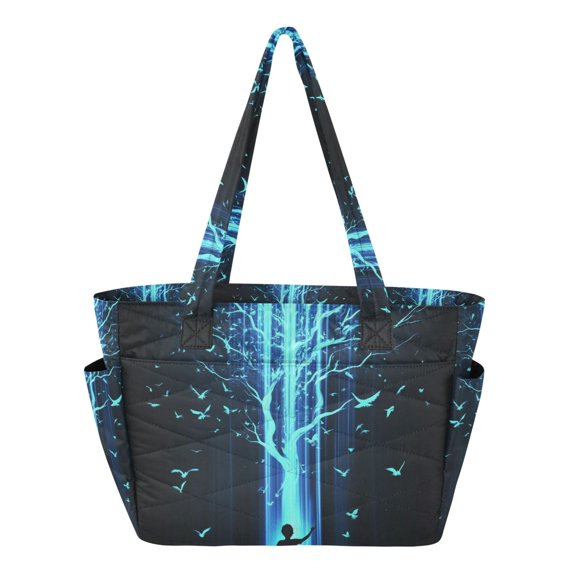 FORMRS Tote Bag for Women Quilted Large Capacity Travel Work Carry On Shoulder Handbag, Blue Tree