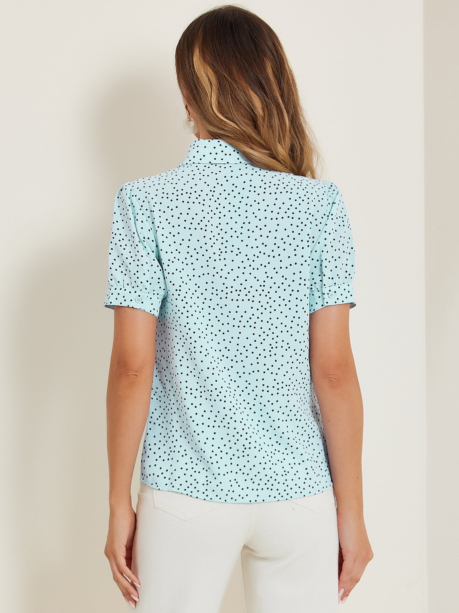 DARING DIVA Women's Polka Dots Tie Bow Chiffon Blouse S Light Blue-Dots