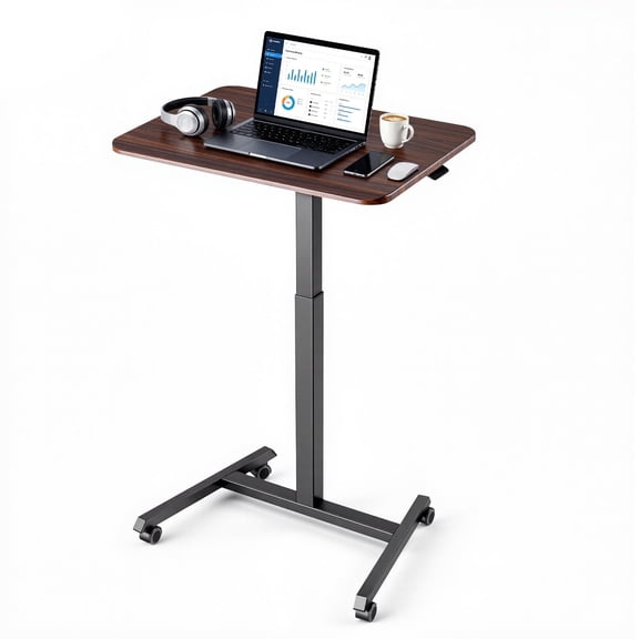 VEVOR Standing Desk, Adjustable Height Mobile Stand Up Desk with 4 Casters, 25.6 x 19 in Small Computer Sit Stand Rolling Workstation with Hook, 33 lbs Desktop Capacity, Ideal for Home Office, Brown