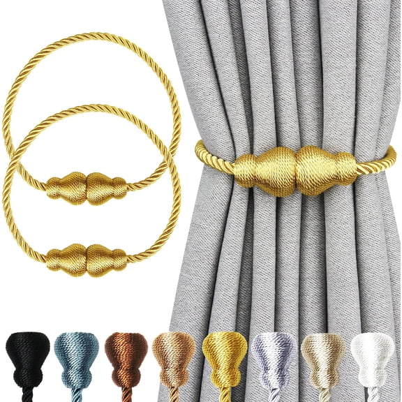 Magnetic Curtain Tiebacks 2Pack Outdoor Curtain Tie Backs Rope Decorative Magnetic Curtain Holders for Drapes Window Treatment Holdbacks, Gold