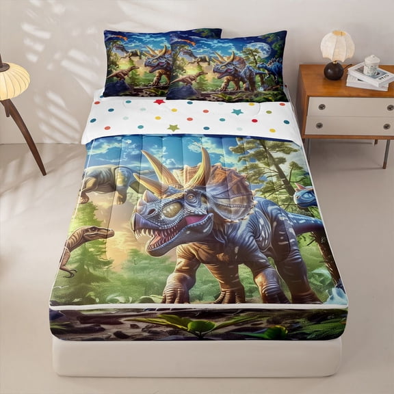 Homewish Triceratops Dinosaur Zipper Twin Comforter Sets with Fitted Sheet and 2 Pillowcases for Kids Boys, Ankylosaur T-Rex Zipper Bedding Set, Polka Dots Reversible, 4-Piece