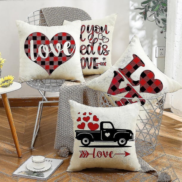 Decoración Del Día De San Valentín,Fundas De Almohada Decorativas Para El Día De San Valentín, Cuadros De Lino A Cuadros De Búfalo, 18x18 Pulgadas, Juego De 4 Rojo Hs
