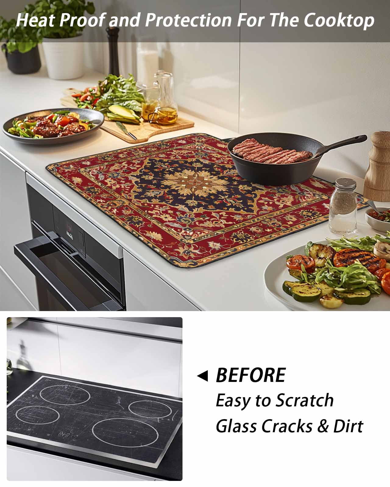 Stove Top Covers for Electric Stove, Red Boho Glass Stovetop Cover Protector, Contemporary Abstract Ethnic Vintage Geometric Induction Cooktop Protector Oven Mat for Kitchen Countertop 24"x21"