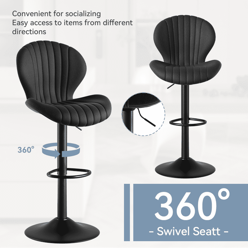 MOONMISS Modern Adjustable Bar Stool Faux Leather Bar Stool, Black(Set of 2)