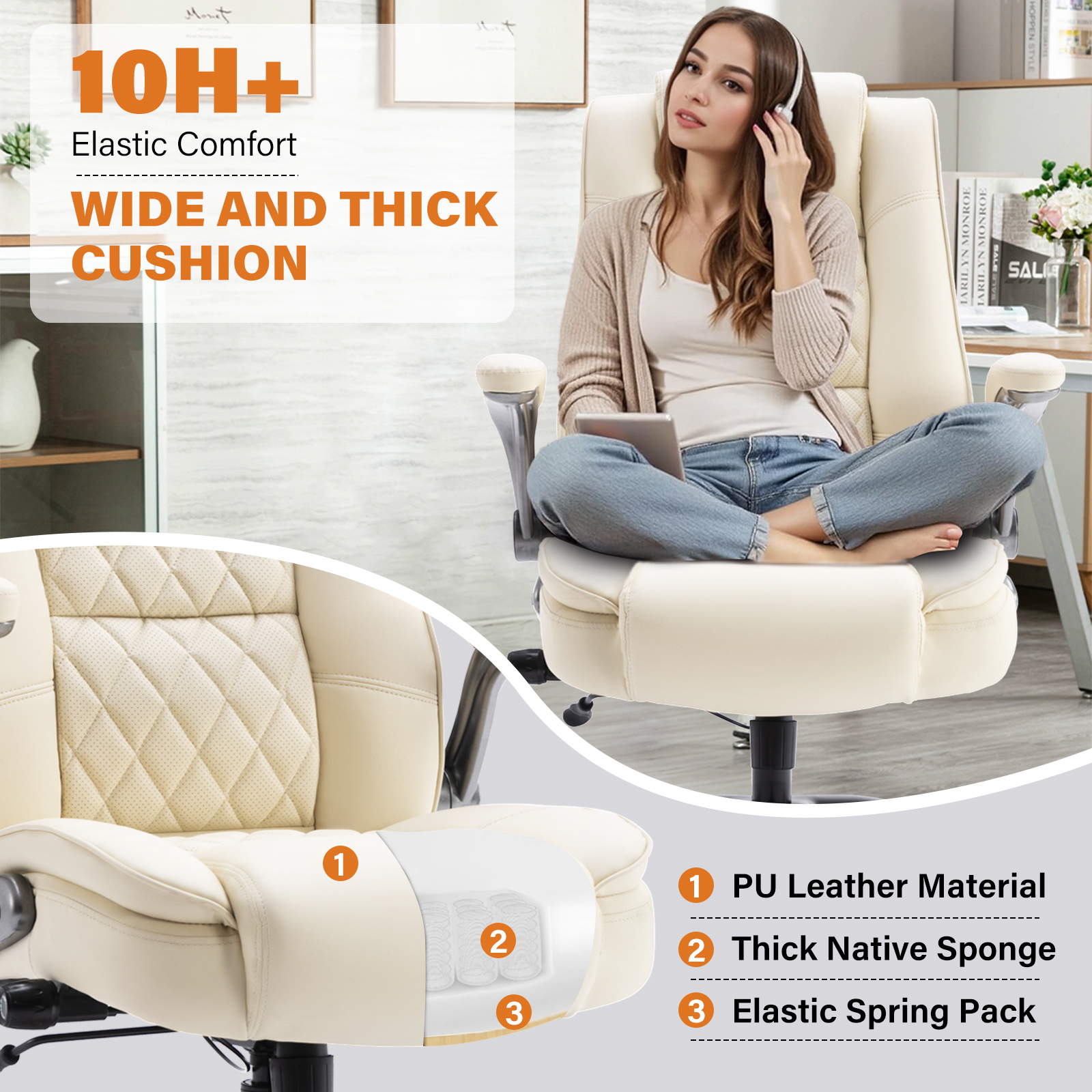 High Back Office Chair with Lumbar Support, Large Upholstered Executive Desk Chair, Faux Leather Computer Chair with Flip-up Arms, Rubber Wheels