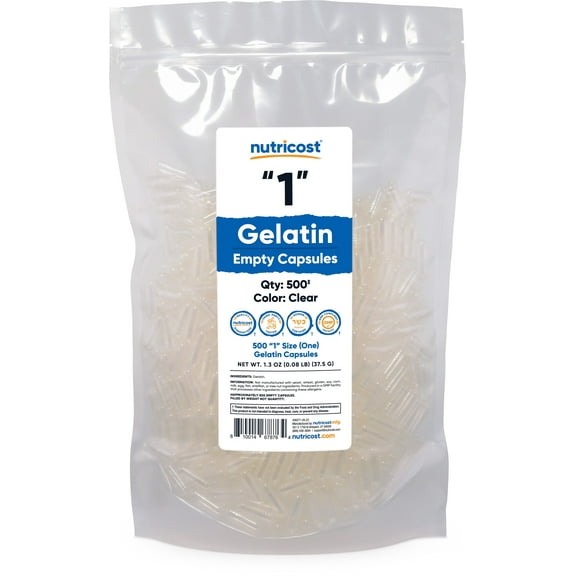 Nutricost Empty Capsules Gelatin Size 1 - 500 Clear Empty '1' Gel Capsules - Kosher, Non-GMO, Soy Free, Gluten Free