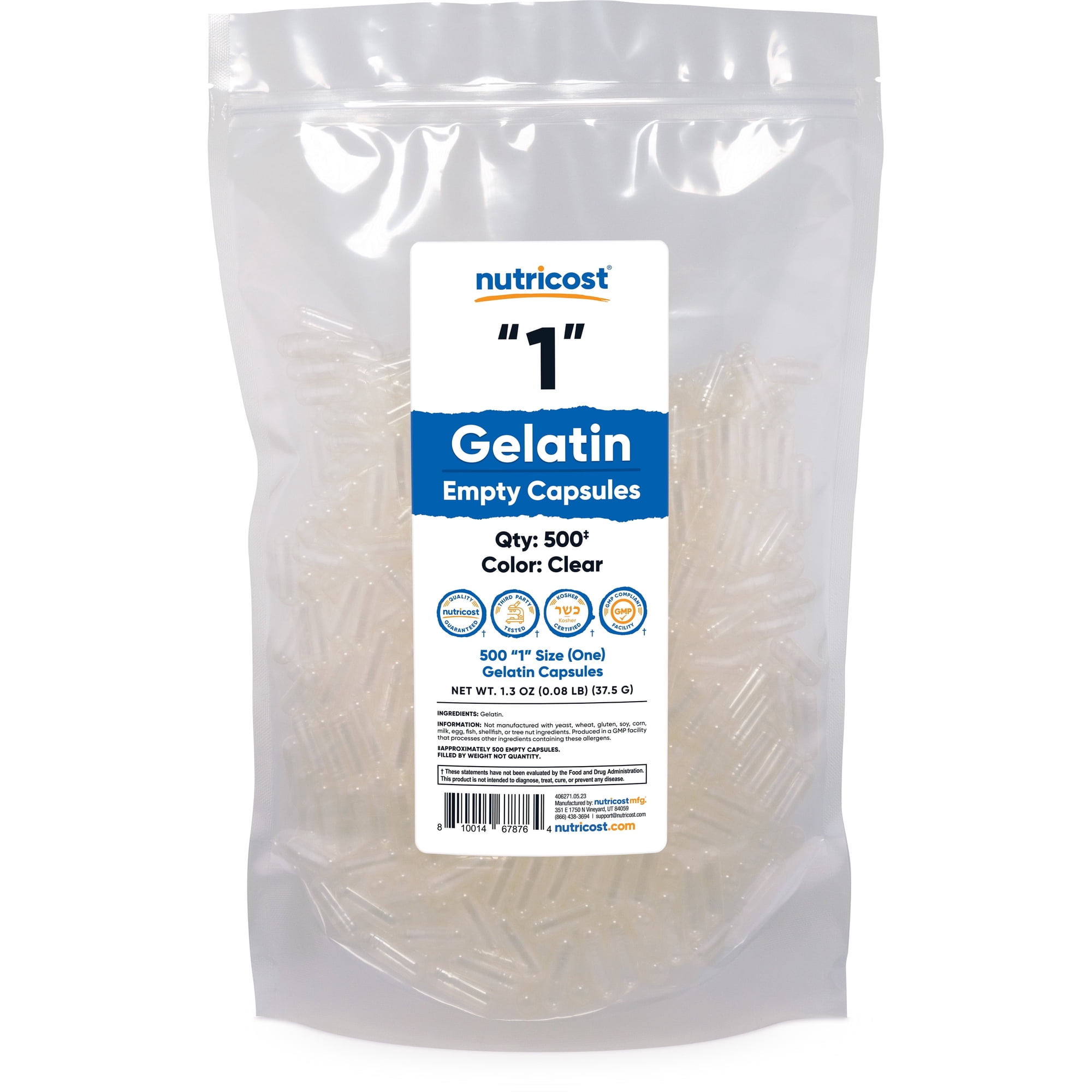 Nutricost Empty Capsules Gelatin Size 1 - 500 Clear Empty '1' Gel Capsules - Kosher, Non-GMO, Soy Free, Gluten Free