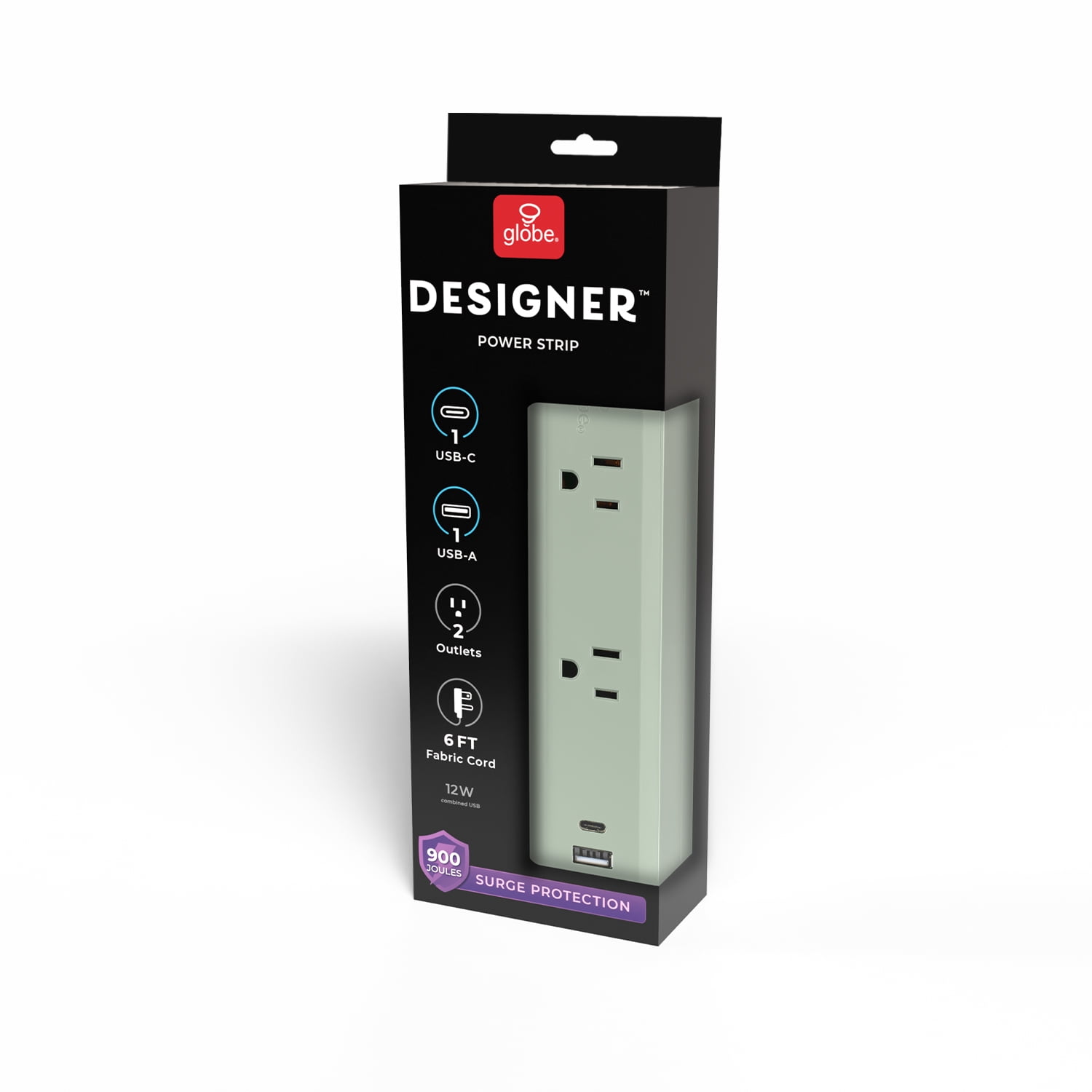 Globe Electric Surge Protector Power Strip, 900J, USB-A and USB-C, 6 ft, Cool Toned Green