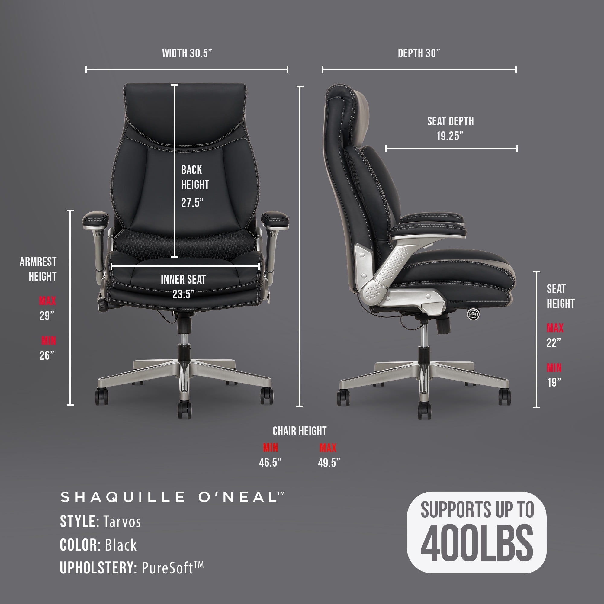 Shaq Tarvos Premium Ergonomic Big & Tall Office Chair, PureSoft Upholstery with Height Adjustable and Flip-Up Arms, Black