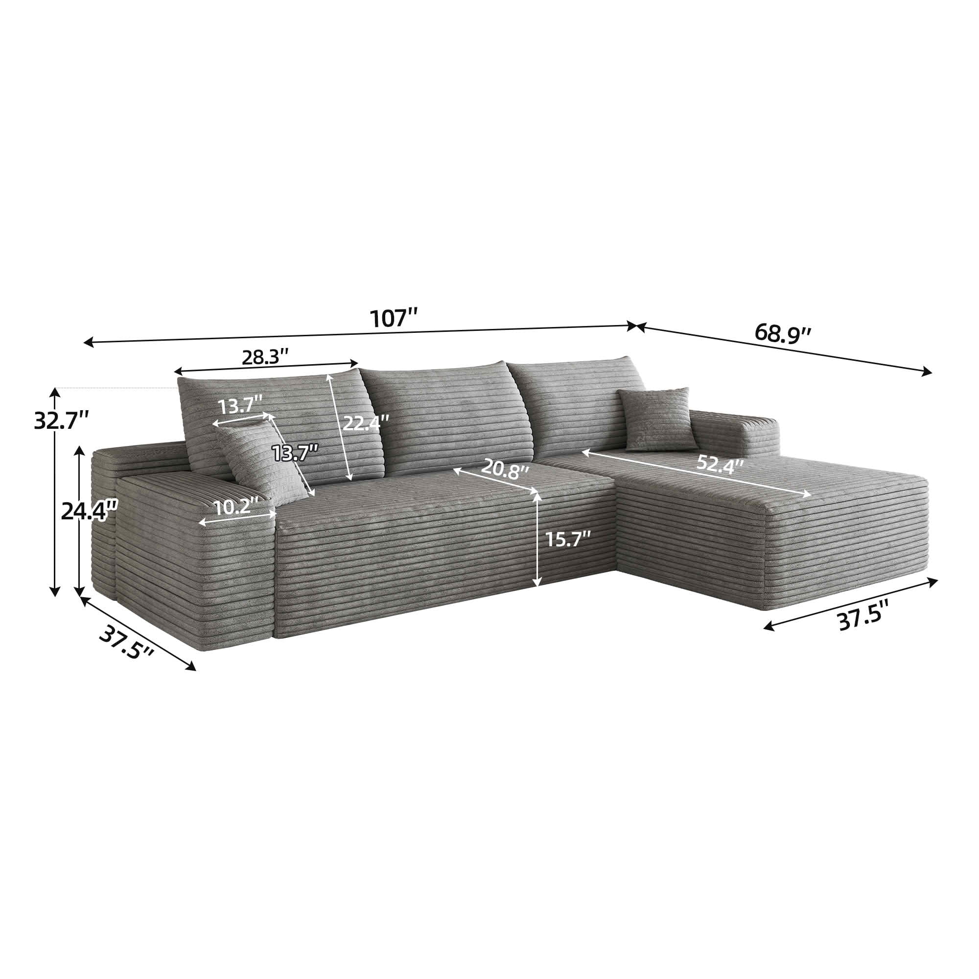 MAYEERTY 107-Inch Gray Plush Corduroy 3-Seat L-Shaped Cloud Modular Sectional Sofa, Deep Seat Couch with Chaise No Assembly Required