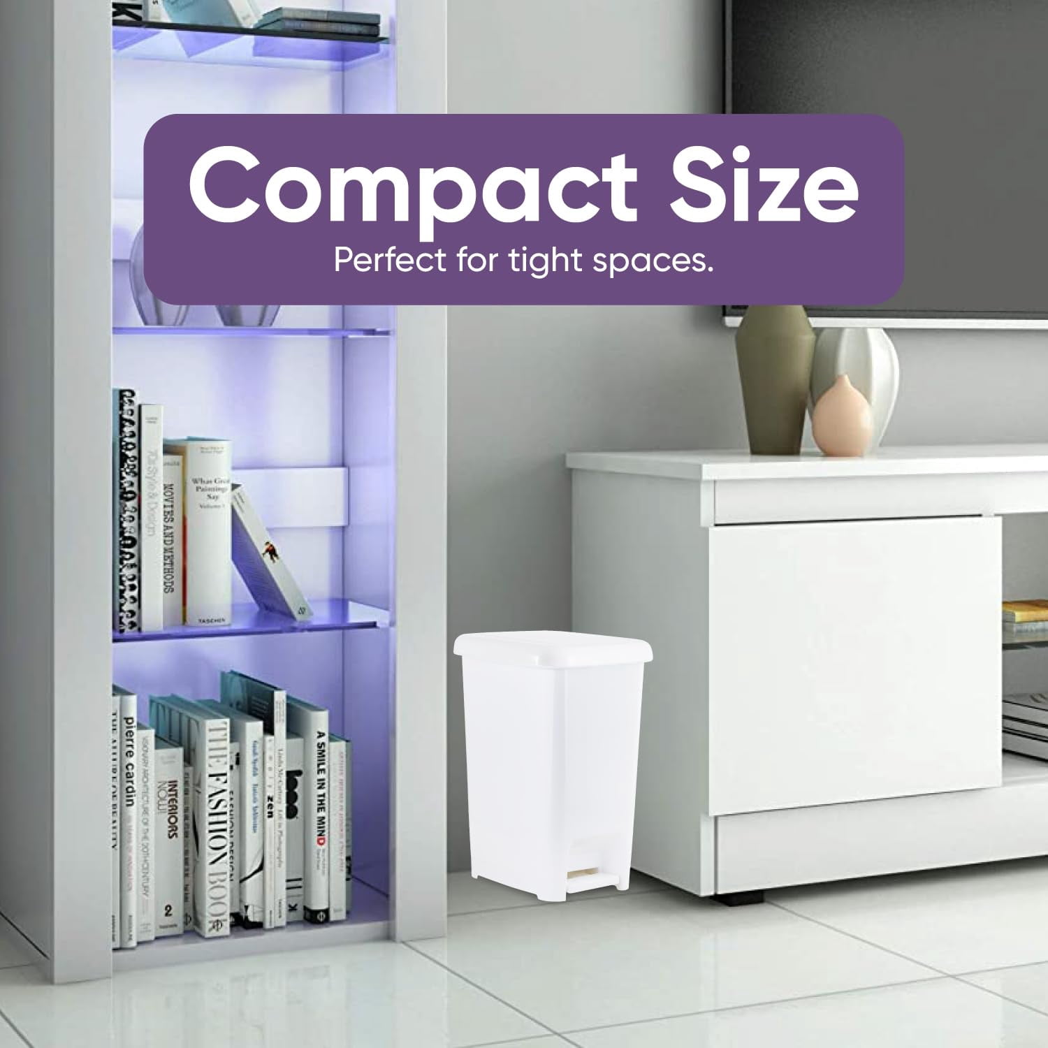 Superio Slim Trash Can with Foot Pedal – 4 Gallon Plastic Step-On Trash Can with Lid, Garbage Can, Small Trash Can for Bathroom, Kitchen, Office, Bedroom, Dorm Room – White (2 Pack)