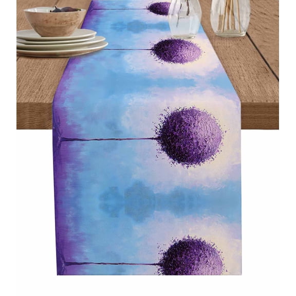 ERUNPONLY Purple Tree Table Runner - 70 Inch Long Abstract Gradient Blue Sky Watercolor Cotton and Linen Blended Dress Scarves Farmhouse Table Runner for Kitchen Dining, Coffee Table, 13" x 70"