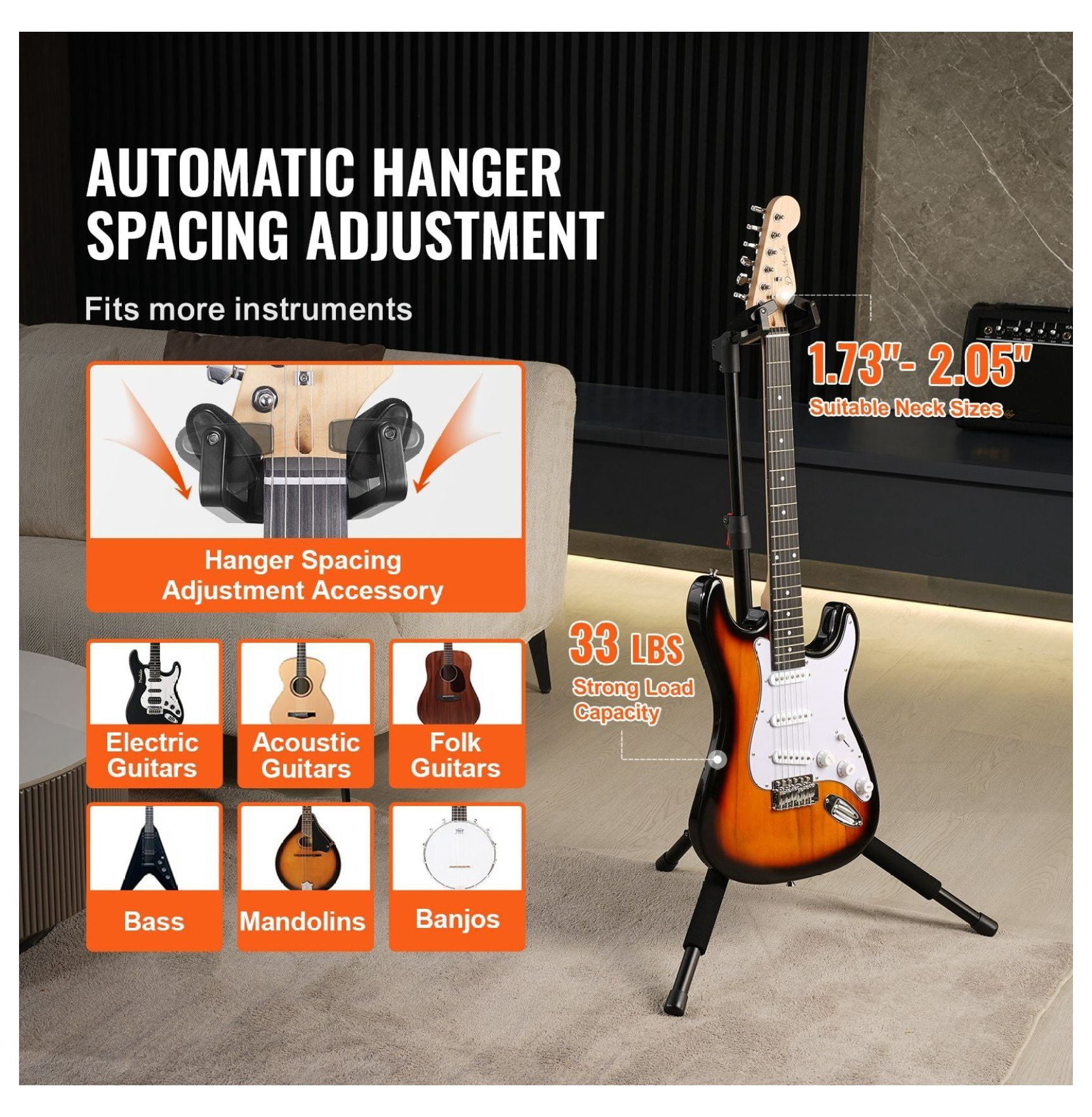 Guitar Stand Tripod, 33 lbs Capacity, Adjustable 35.4-47.2in, Foldable Guitar Holder for Acoustic Electric Classical Bass, Floor Display Rack