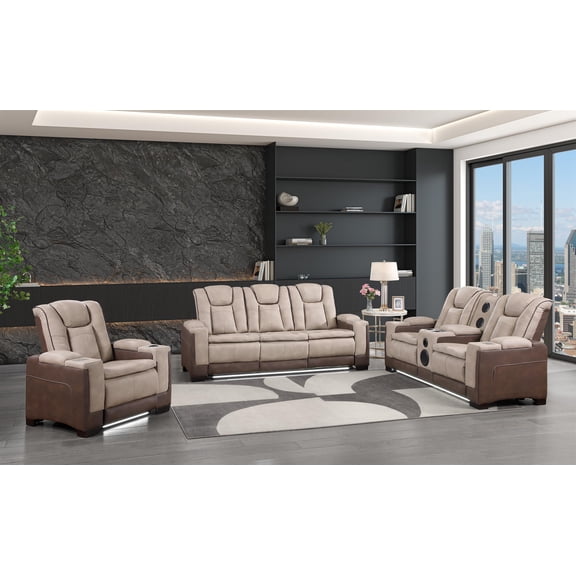 Bruno 3pc Power Reclining Sofa Loveseat and Recliner Set in Brown Faux Leather