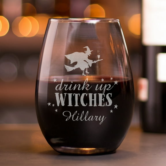 Personalized Drink Up Witches Stemless Wine Glass