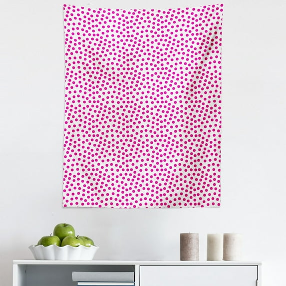 Pink Polka Dots Tapestry, Monotone Asymmetric Pattern with Irregular Rounds on Plain Background, Fabric Wall Hanging Decor for Bedroom Living Room Dorm, 5 Sizes, Pink and White, by Ambesonne