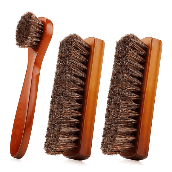 3 Pieces Shoe Brush,Large Leather Shoe Brush Set – Solid Wood Horsehair Shoe Brush, Horsehair Shoe Brush Set, Wood Handle, Leather Cleaner Daubers Applicators for Leather Care