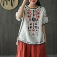 thumbnail image 2 of DDAPJ pyju Women's Cotton Linen Tops Ethnic Embroidered Short Sleeve Peasant Boho Mexican Tunic Top Dressy Casual Loose T Shirt Prime Sales Today White XL, 2 of 5