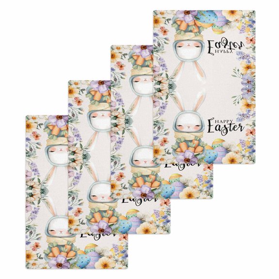 Easter Kitchen Dish Towels for Drying Dishes Set of 4, Spring Watercolor Bunny Carrots Eggs Flowers Beige Waffle Weave Microfiber Hand Tea Bathroom Towels Quick Dry & Absorbent Towel 15.7x23.6