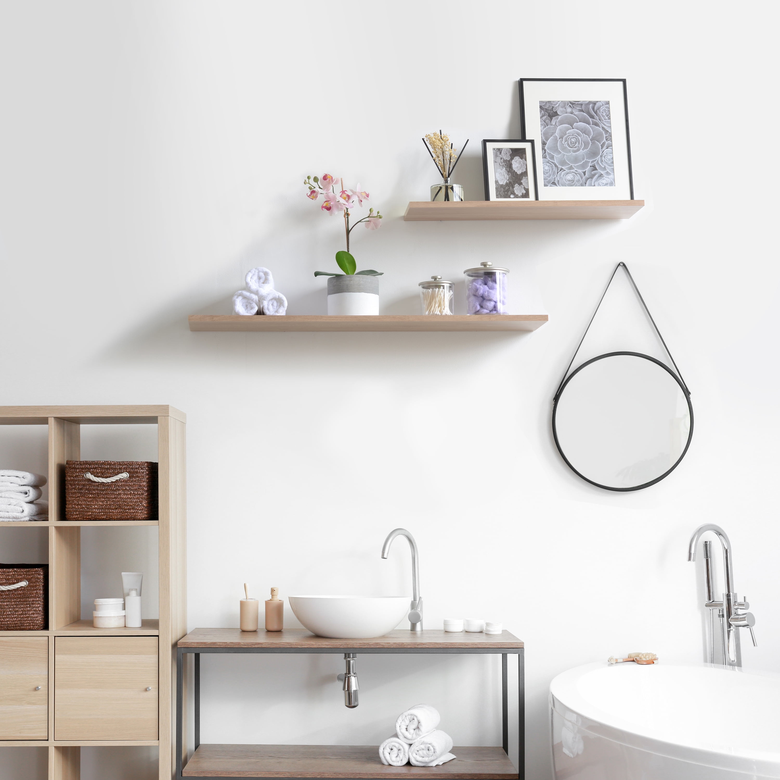 Delta Cycle Slim Floating Wall Shelves, Set of 2, 36’ x 8’ x .5’, Light Oak