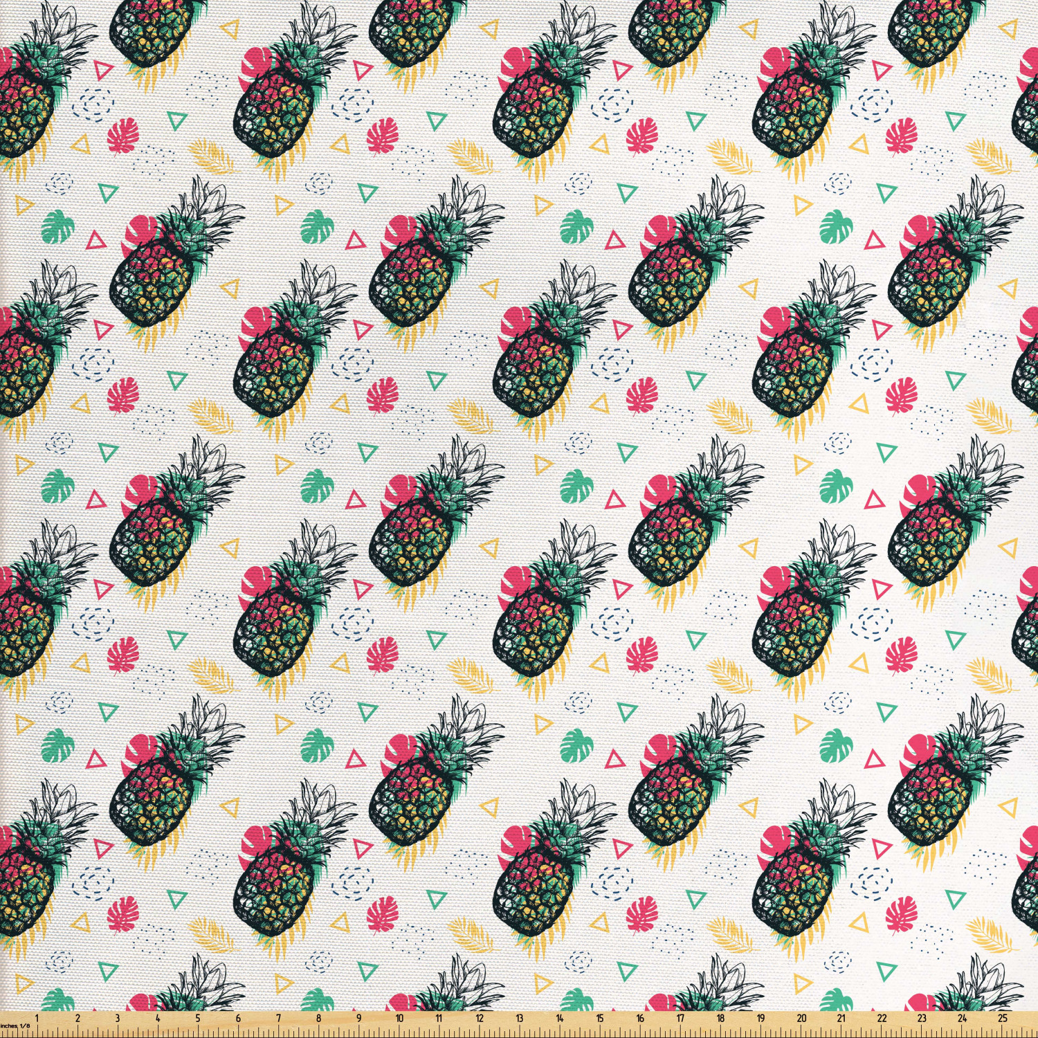 Pineapple Fabric by The Yard, Hand Drawn Sketch Fruits with Colorful Triangles and Foliage