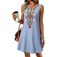thumbnail image 4 of Summer Dresses Women's Summer Embroidered Boho Dress Casual V Neck Short Sleeve Loose Linen Dress With Pockets Light Blue S, 4 of 9