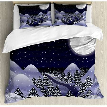 Northwoods Duvet Cover Set Queen Size Snowfall At Midnight Spruce