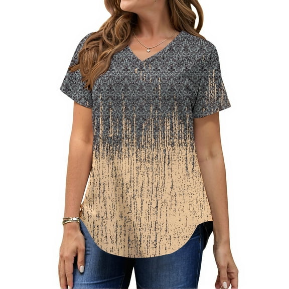 MOSHU Plus Size T-shirts for Women V Neck Summer Tunic Tops Floral Print Curved Hem Women Shirts
