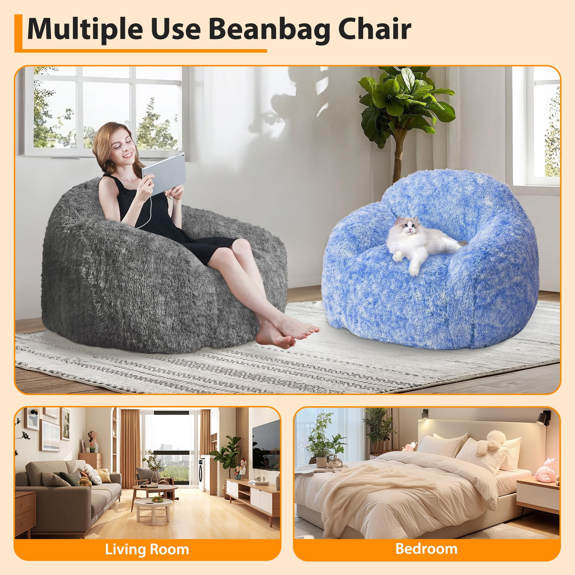 BouPower Bean Bag Chair for Adults, Plush Fluffy Faux Fur Sofa, Premium High-Density Sponge Filler Ergonomic Backrest & Armrests, Removable Washable Cover Comfy Lazy Chair for Bedroom Living Room