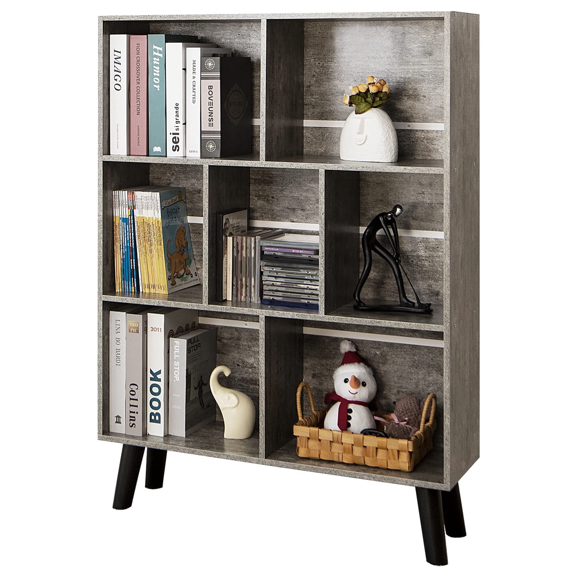 Aukfa 43" Tall Storage Organizer Wooden 7 Cube Bookcase with Legs for Home Office, Gray