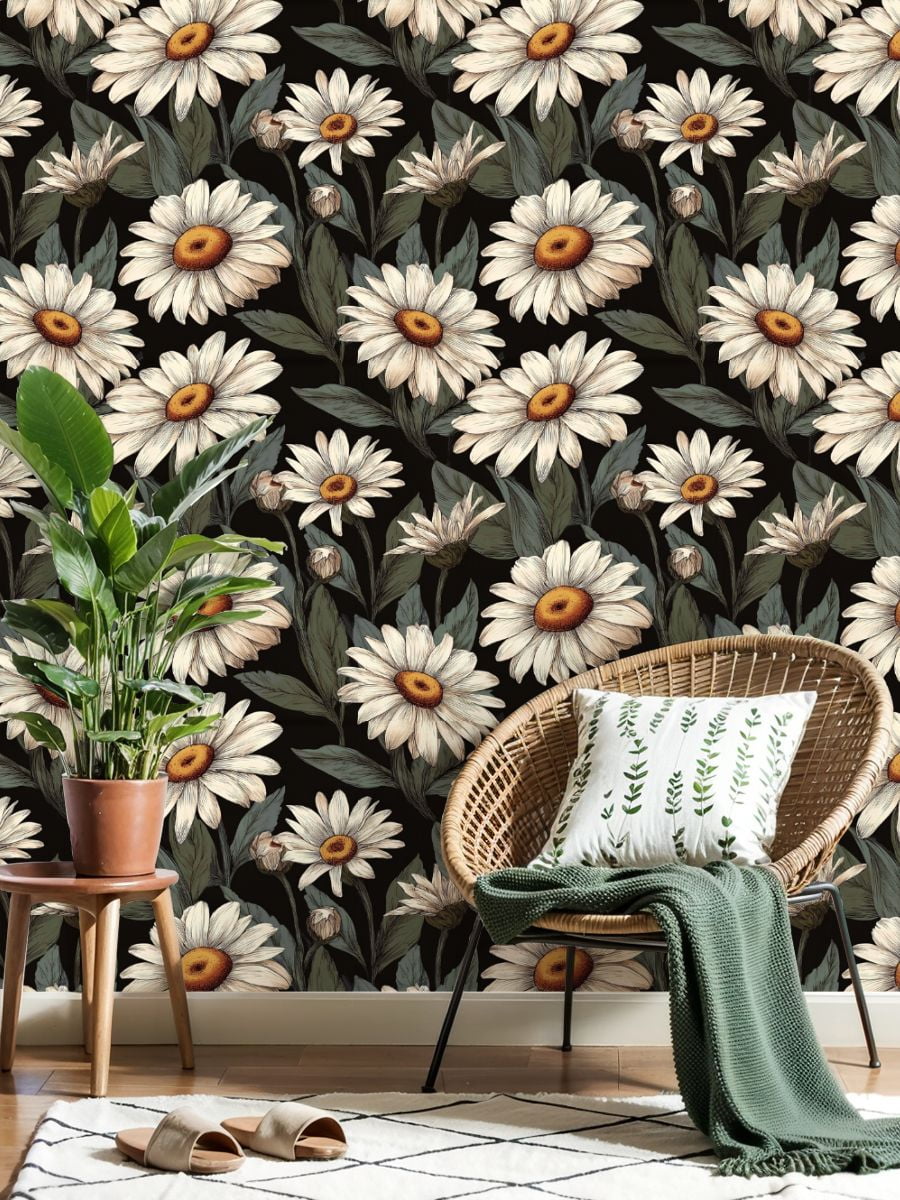 Peel and Stick Wallpaper White Daisy Flowers Green Leaves Black Botanical Wall Mural 17.7in x 9.8ft Self Adhesive Removable Wall Paper Renter Friendly Wallpaper for Nursery Bedroom Cabinets