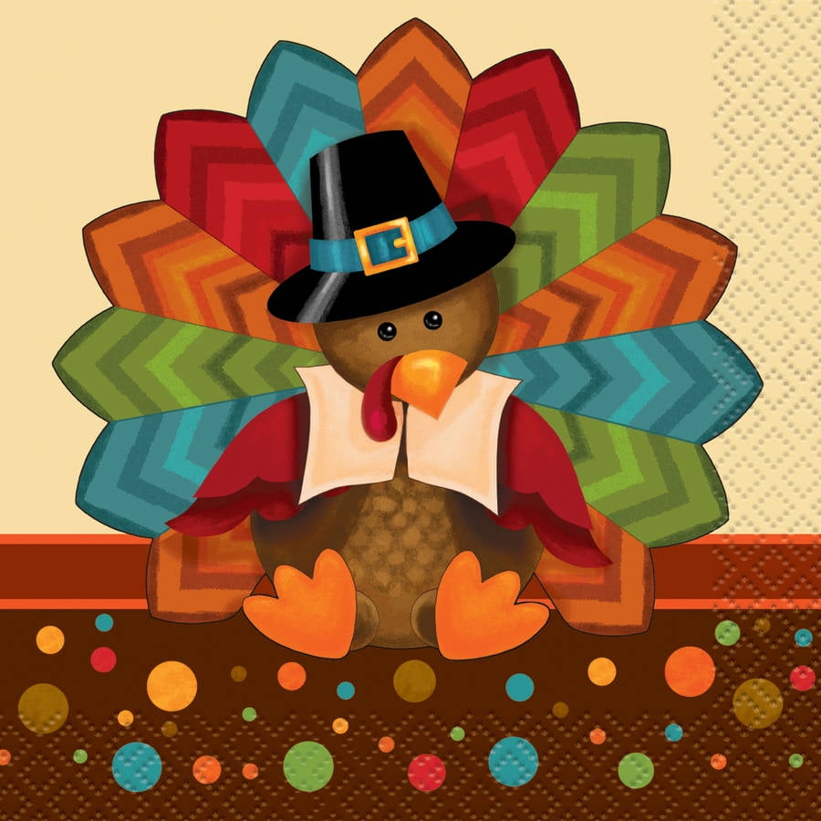 Cute Turkey Thanksgiving Paper Beverage Napkins, 5 in, 16ct by Unique Industries