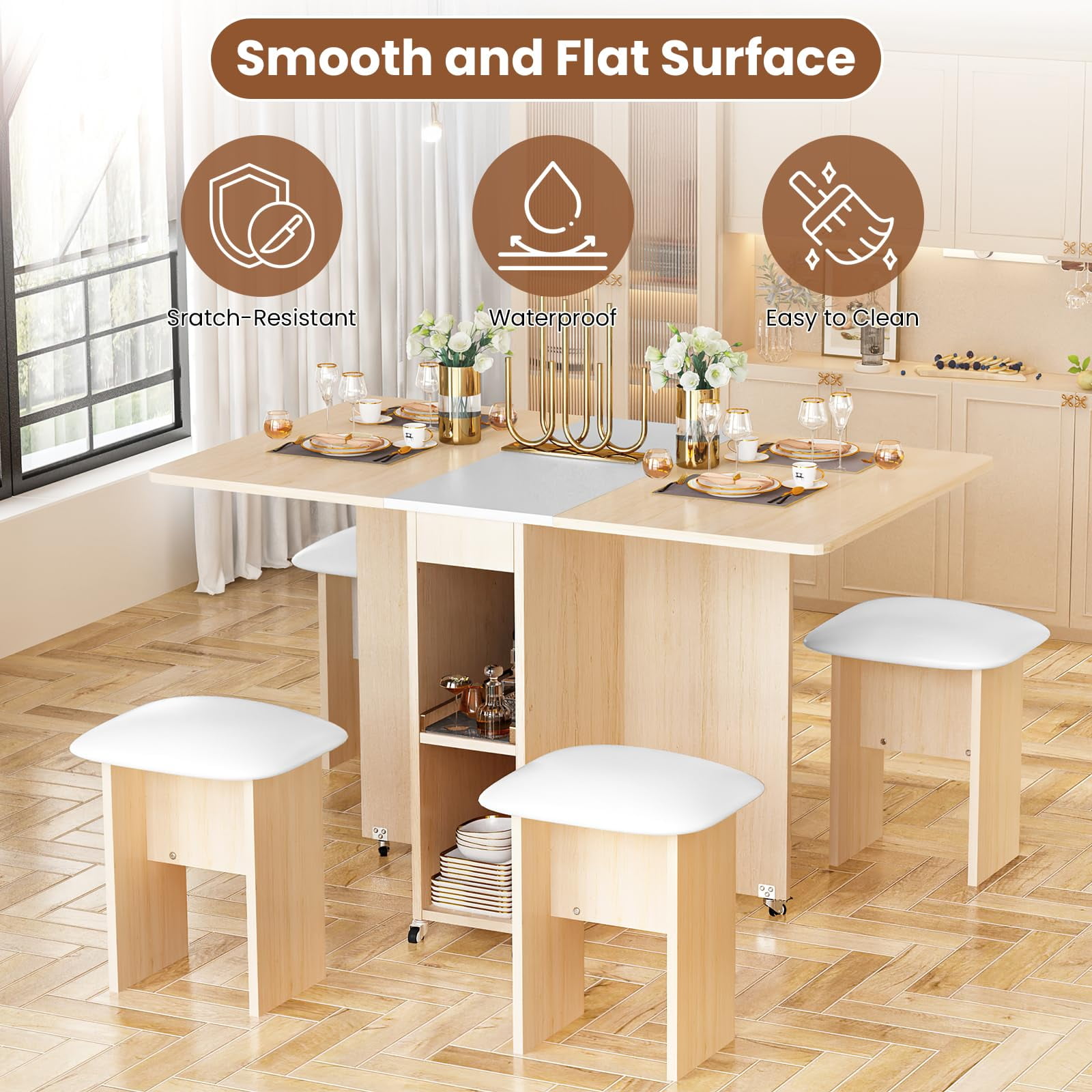 LinkRomat Folding Dining Table Set for 4, Kitchen Table with Shelves & 4 Leather Chairs, Space Saving Foldable Dining Table with 6 Wheel (Walnut)