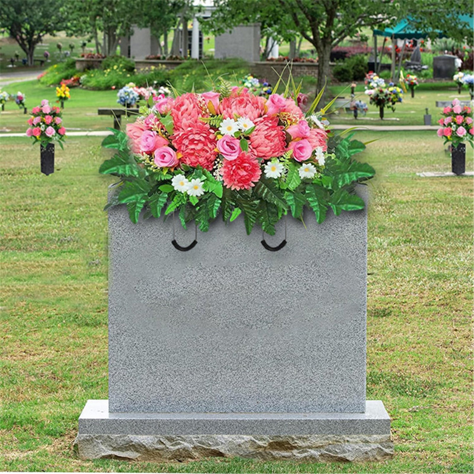 Mums Roses Arrangement, Memorial Flower Saddle, UV Resistant Headstone Flowers, Cemetery Floral Saddle, Artificial Grave Bouquet, Memorial Day Floral Decor, Realistic Cemetery Blooms