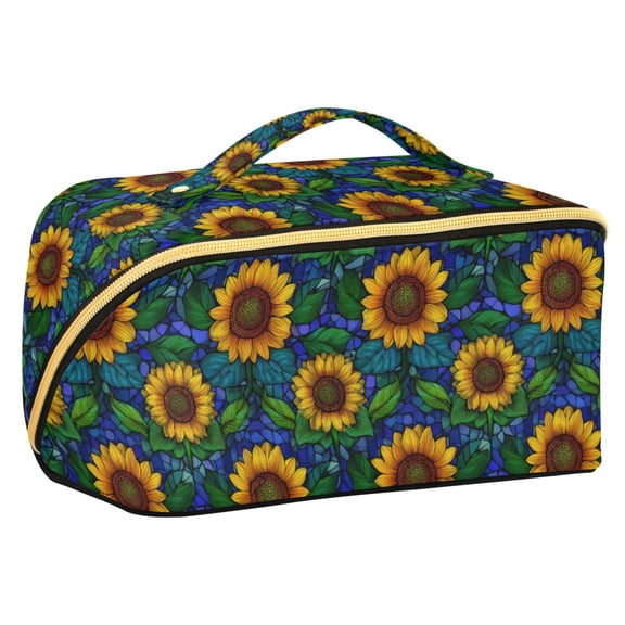 FORMRS Makeup Bag Travel Cosmetic Organizer for Women Fold Flat Zipper Pouch with Handle, Blue Art Sunflowers