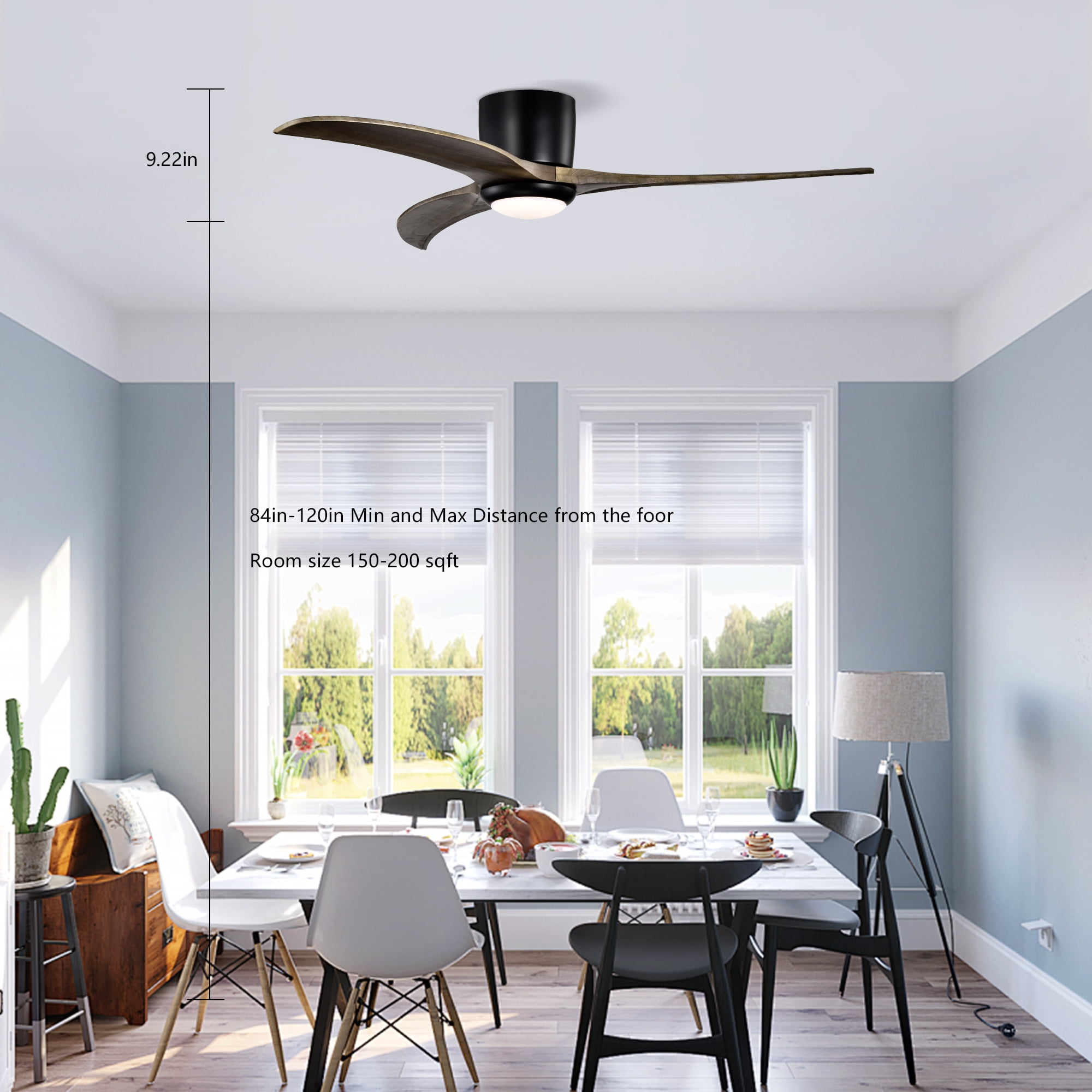 52 Inch Flush Mount Ceiling Fan, Solid Wood Blades Ceiling Fan with Light with Remote Control for Patio, Matte Black